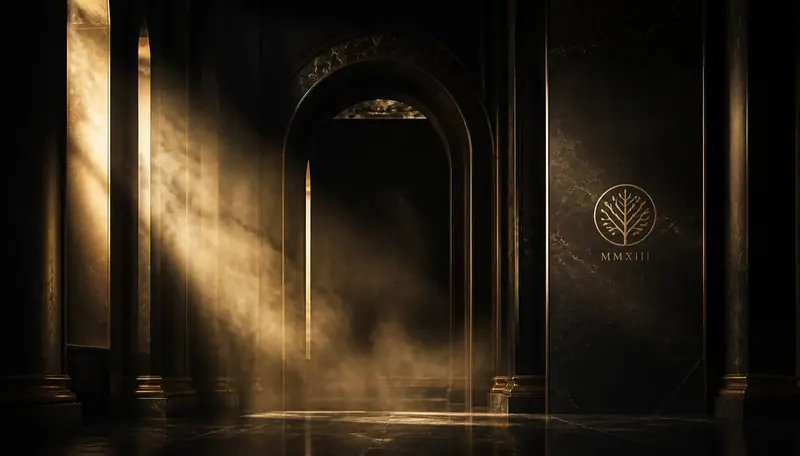 Dark marble hall with gold light and drifting smoke